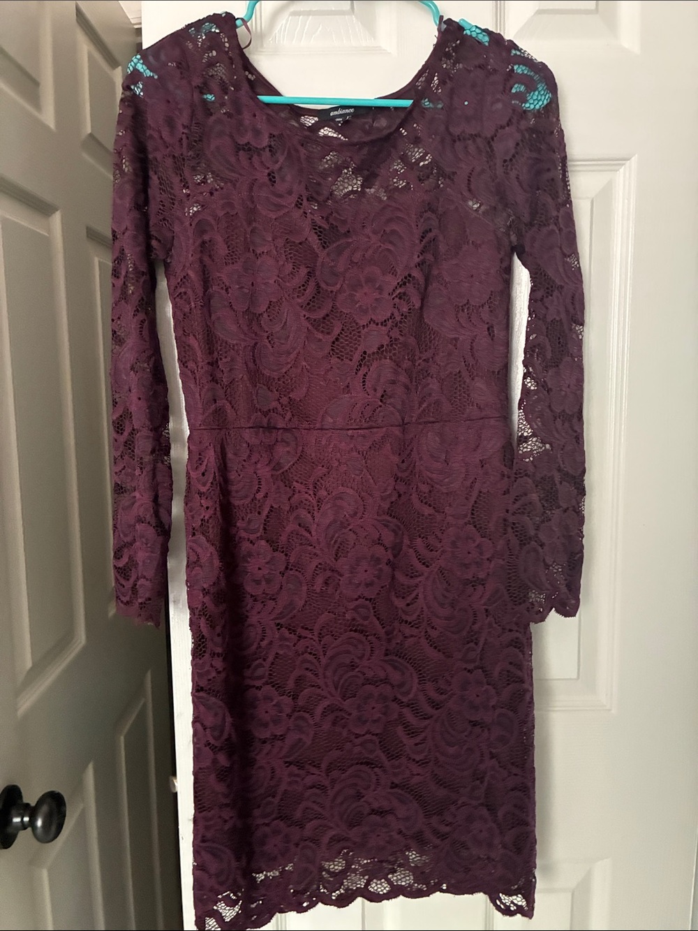 Ambiance Plum Lace Midi Dress with Long Sleeves